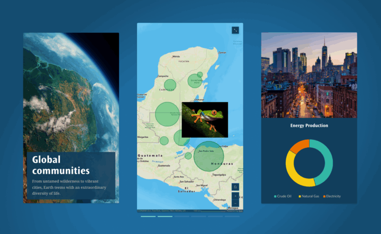ArcGIS StoryMaps frame builder with three slides: cover, map, and image with chart