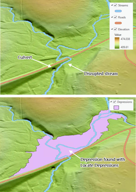 Relationship of culvert to depressions and disrupted streams