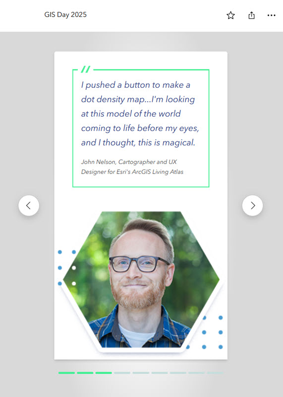 ArcGIS StoryMaps frame slide with quote block and an image