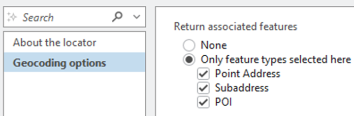 This image shows the Return Associated Features section of the Geocoding options tab on the Locator properties dialog.