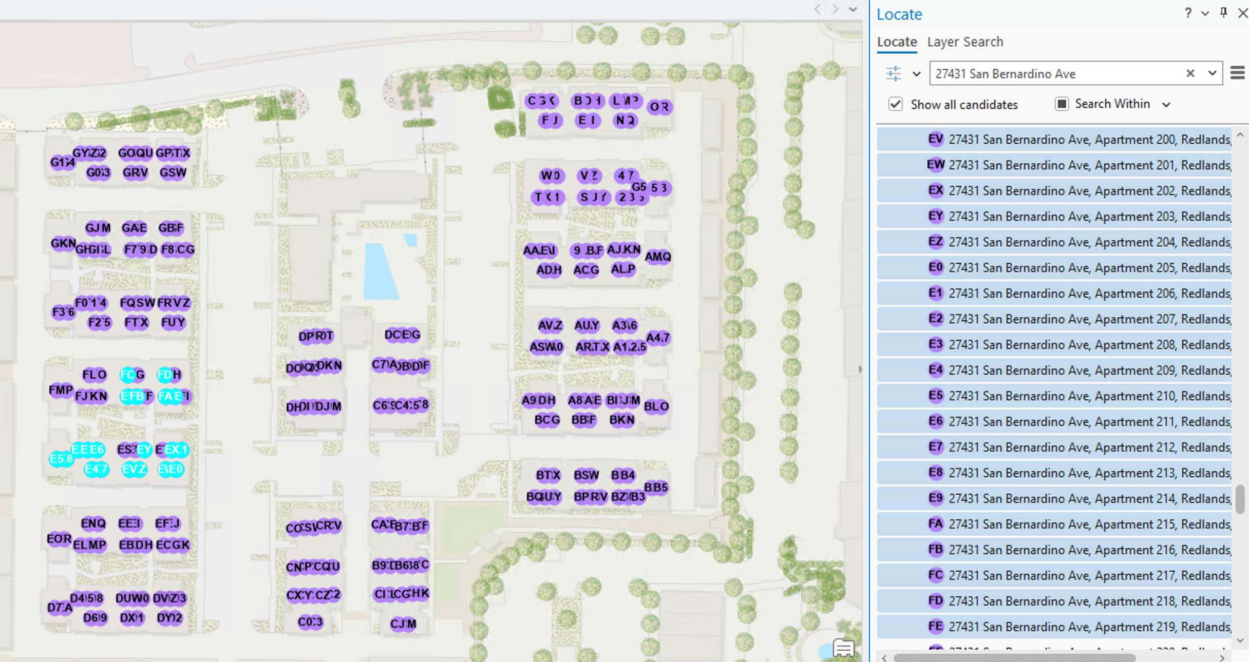 This image shows the next 50 records selected when using Search Within in the Locate Pane of ArcGIS Pro