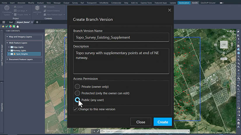 A screenshot of the "Create Branch Version" dialog box open with public access permissions selected using ArcGIS for AutoCAD within Autodesk Civil 3D. A screenshot of the "Create Branch Version" dialog box open with public access permissions selected using ArcGIS for AutoCAD within Autodesk Civil 3D.