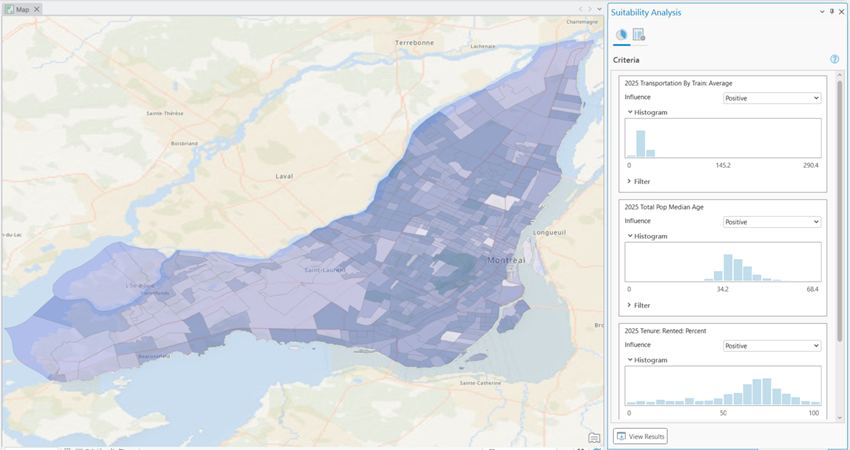 Map displaying Suitability Analysis results where Census Tracts in Montreal, Quebec are ranked and scored based on selected criteria.