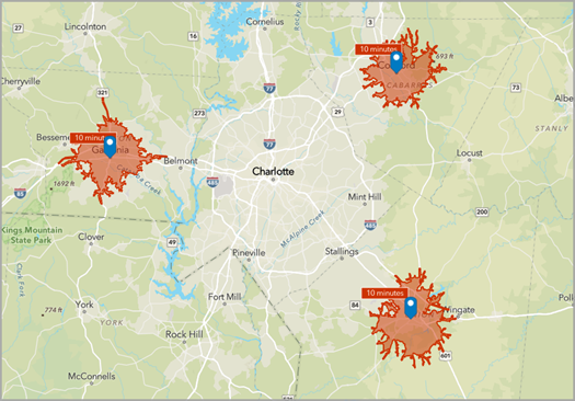 Map of three sites around Charlotte