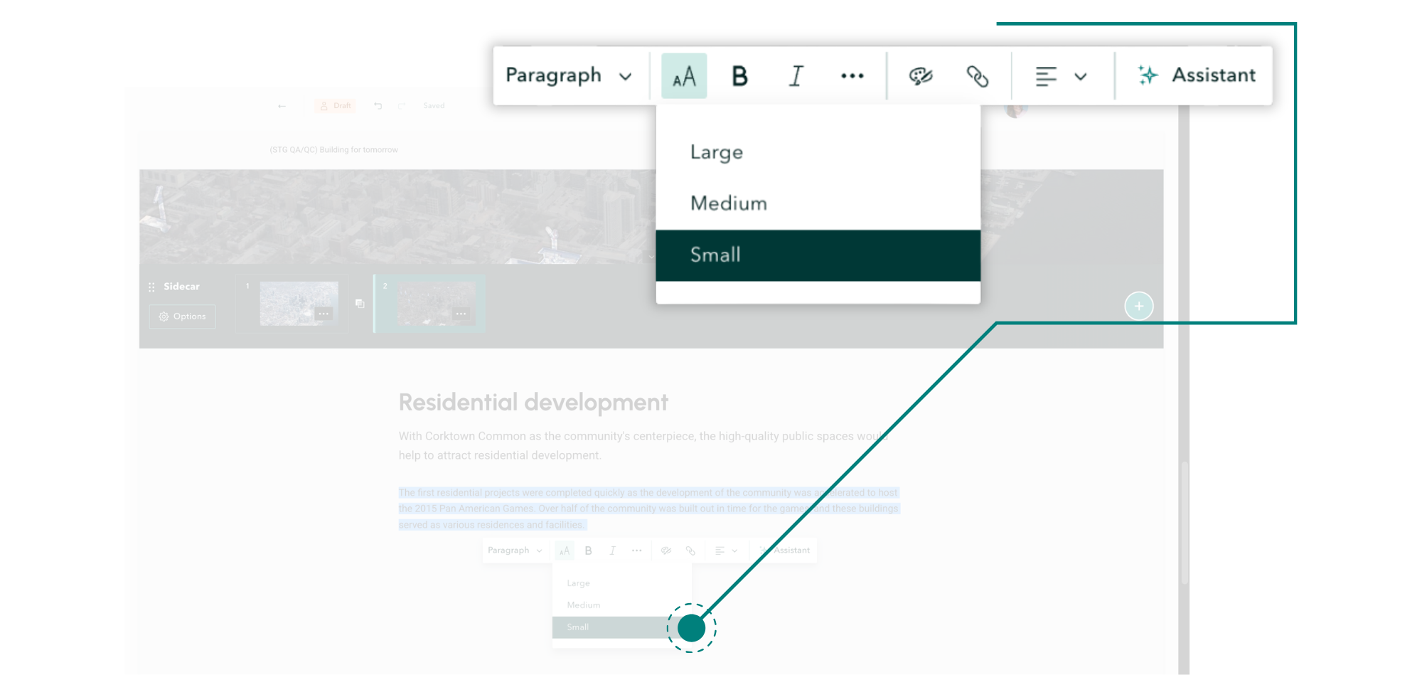 A screenshot illustrating a text formatting dropdown menu in the ArcGIS StoryMaps builder.