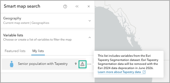 Warning message for a saved smart map search list using Esri Tapestry Segmentation variables