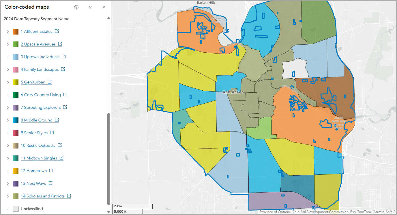Color-coded map of Dominant Tapestry Segment in Ann Arbor using Esri Tapestry Segmentation