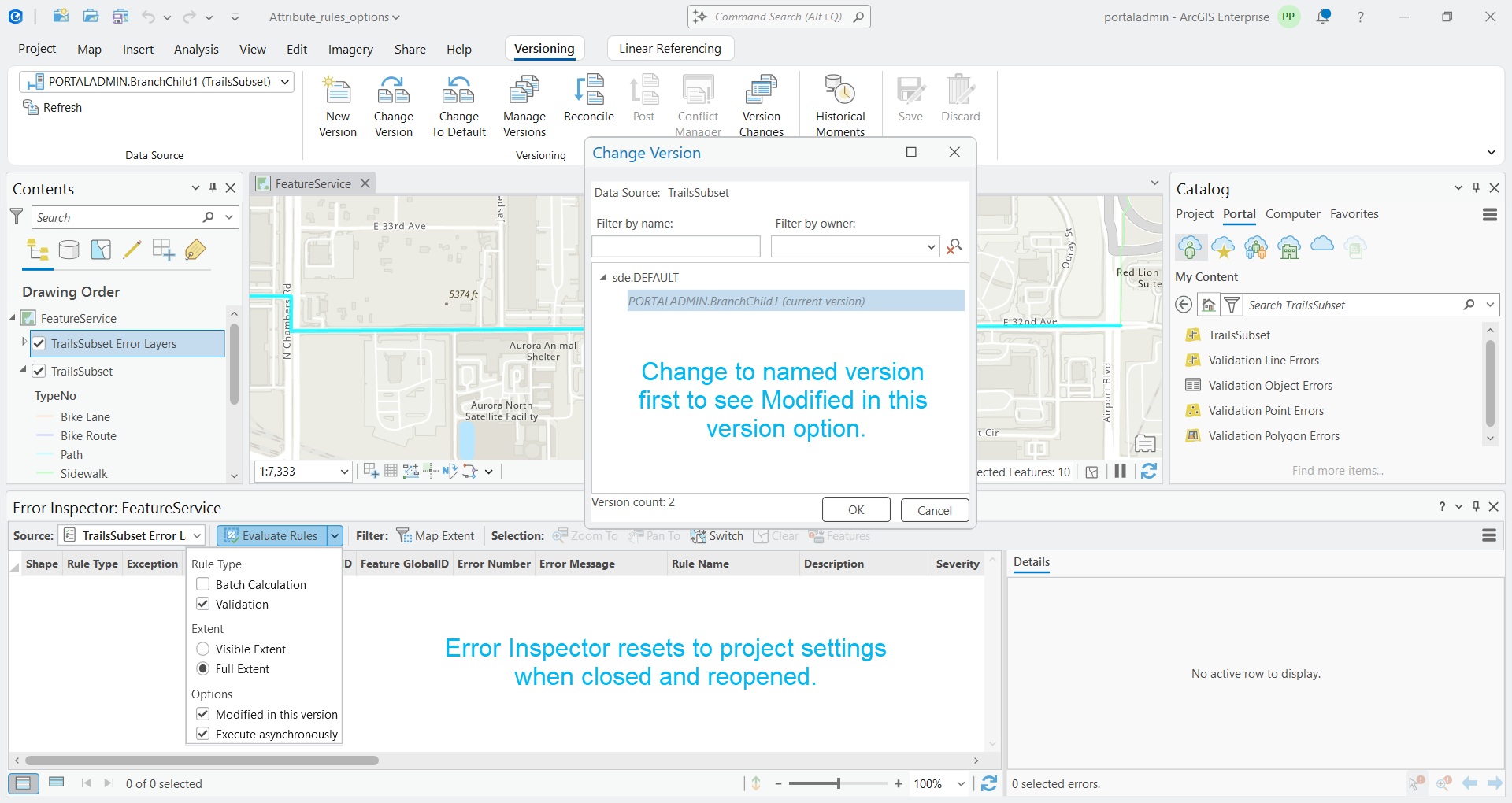 ArcGIS Pro project showing Change Version window to switch from Default Branch version to see the Modified in this version option.