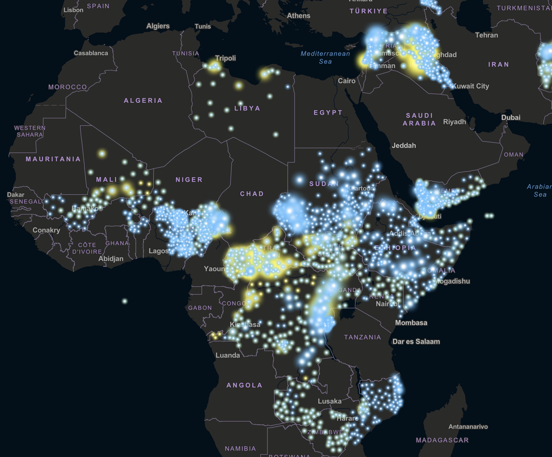 Black silhouette world map zoomed in to show Africa with bright yellow and blue circles marking displacement data points. Large clusters appear near Nigeria and Mozambique and their surrounding countries with smaller cluster scattered in other regions.