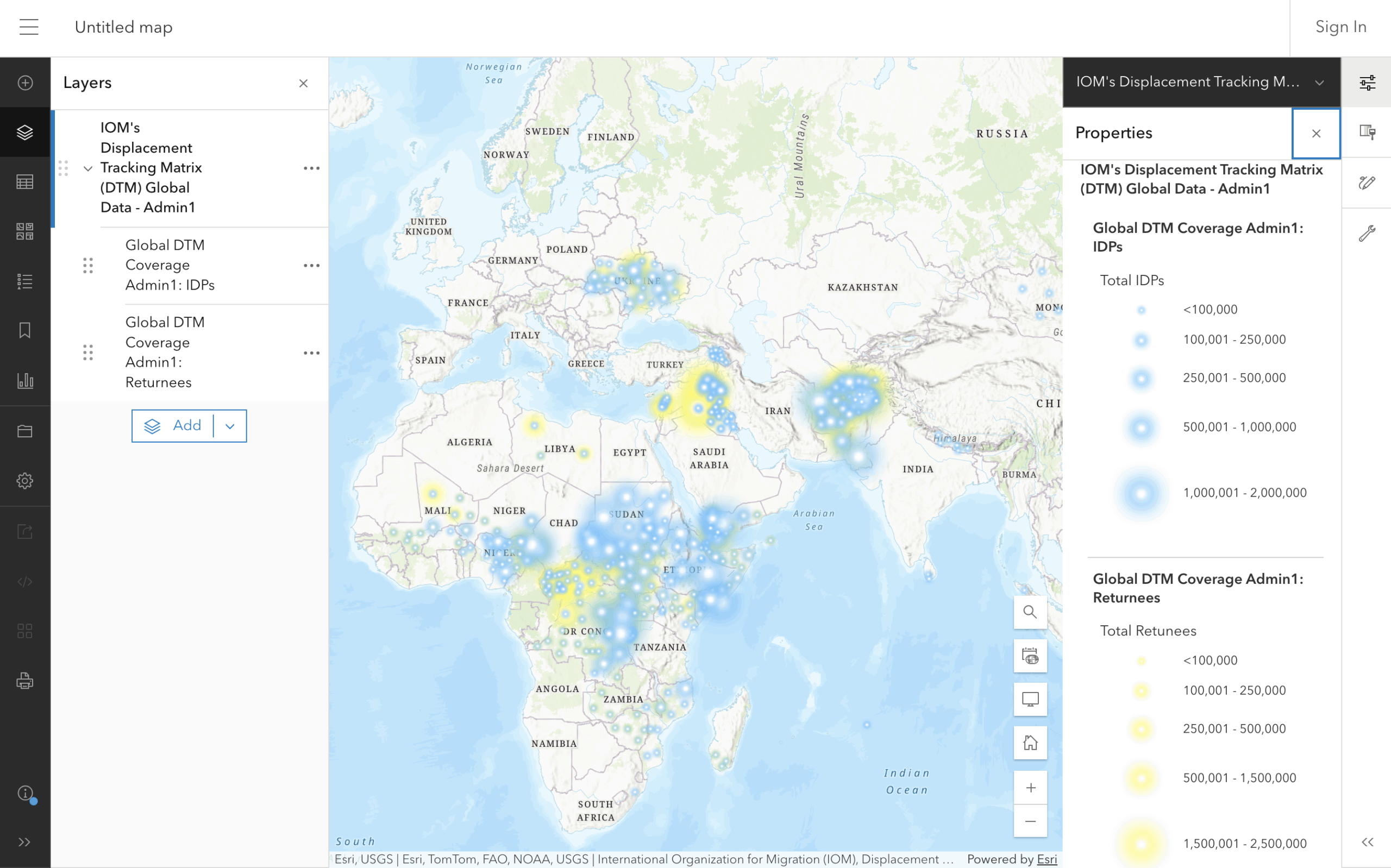 Screenshot of an ArcGIS Living Atlas feature layer showing a world map focused on Africa and Europe. The Properties panel displays a legend with blue circles of varying sizes representing Internally Displaced Persons (IDPs) and yellow circles of varying sizes representing returnees.