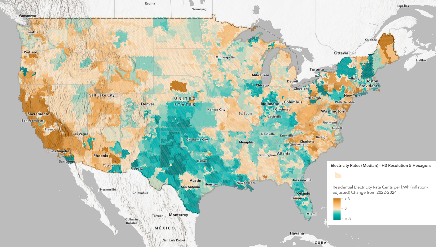 Web map of cents per kWh change for residential electricity rates (inflation-adjusted) in the USA.