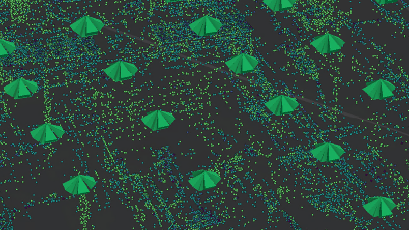 Camera frustums and tie points used for the alignment of the camera orientation parameters