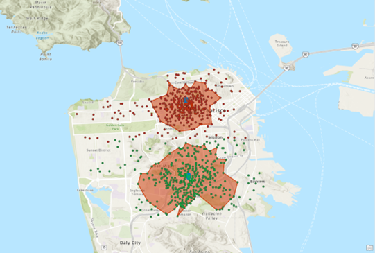 Trade areas drawn around 80% of each store’s customers
