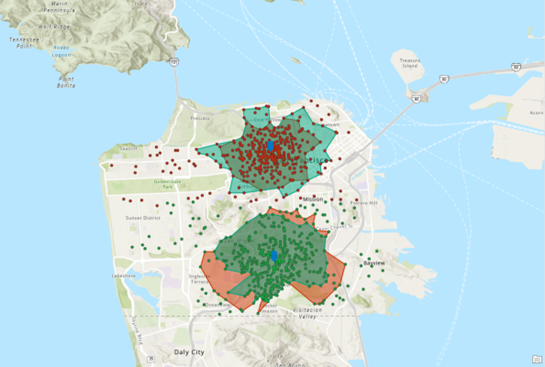 Trade areas drawn around 80% of each store’s customers (red polygons) and 80% of sales (green polygons)