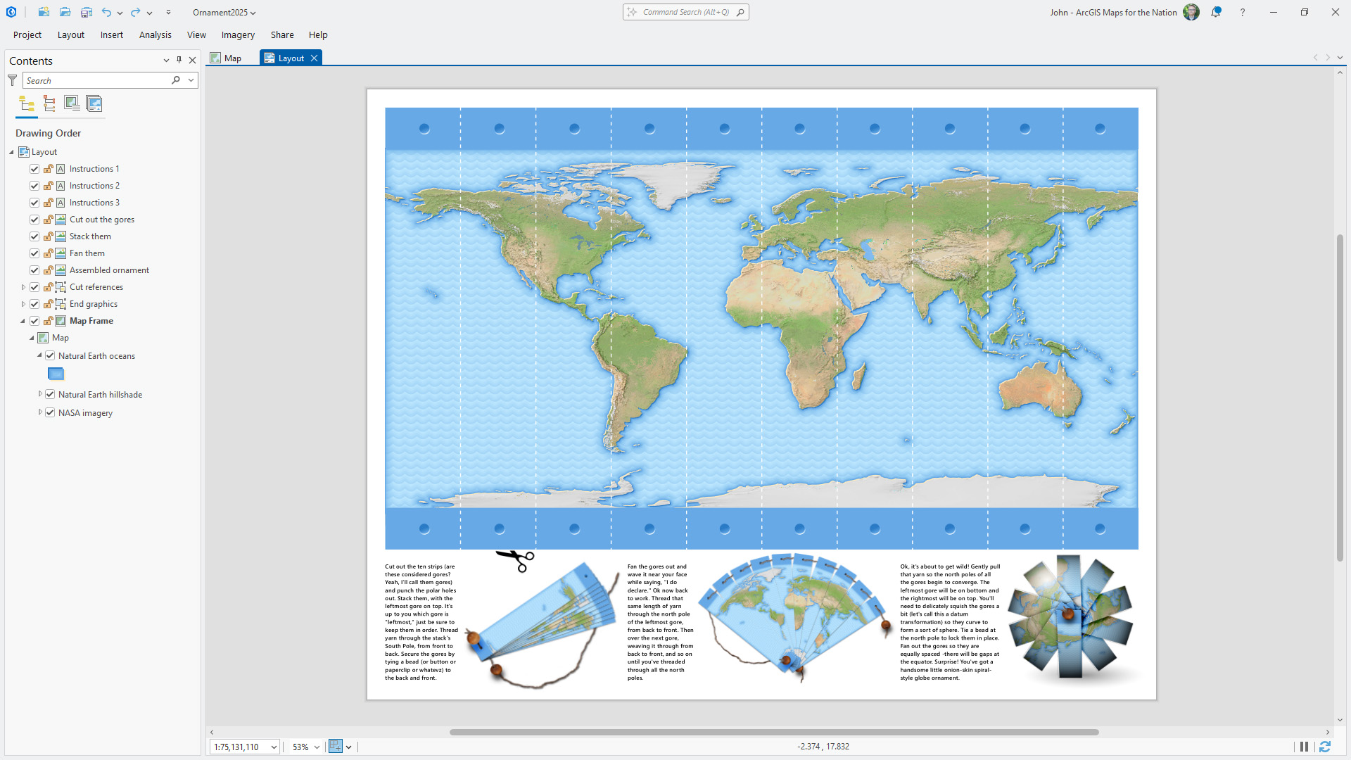 A screenshot of the ArcGIS Pro project containing the globe craft's layout.