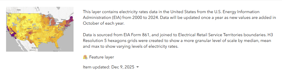 Item Details Page summary of USA Electricity Rates feature layer.