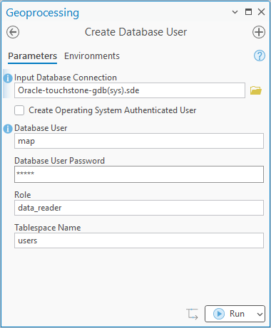 The Create Database User geoprocessing tool