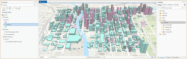 Screenshot of ArcGIS Pro with extruded building and building part footprints