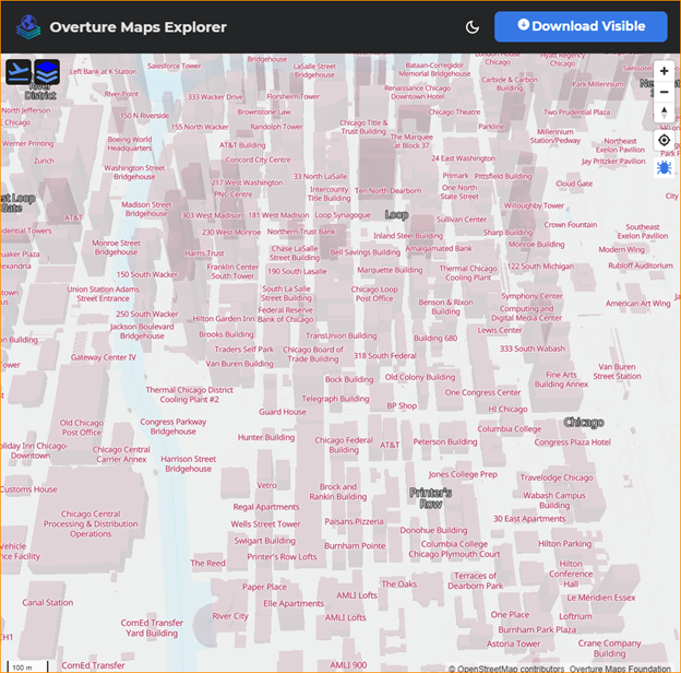 A screenshot of the Overture Maps explorer tool located over downtown Chicago.