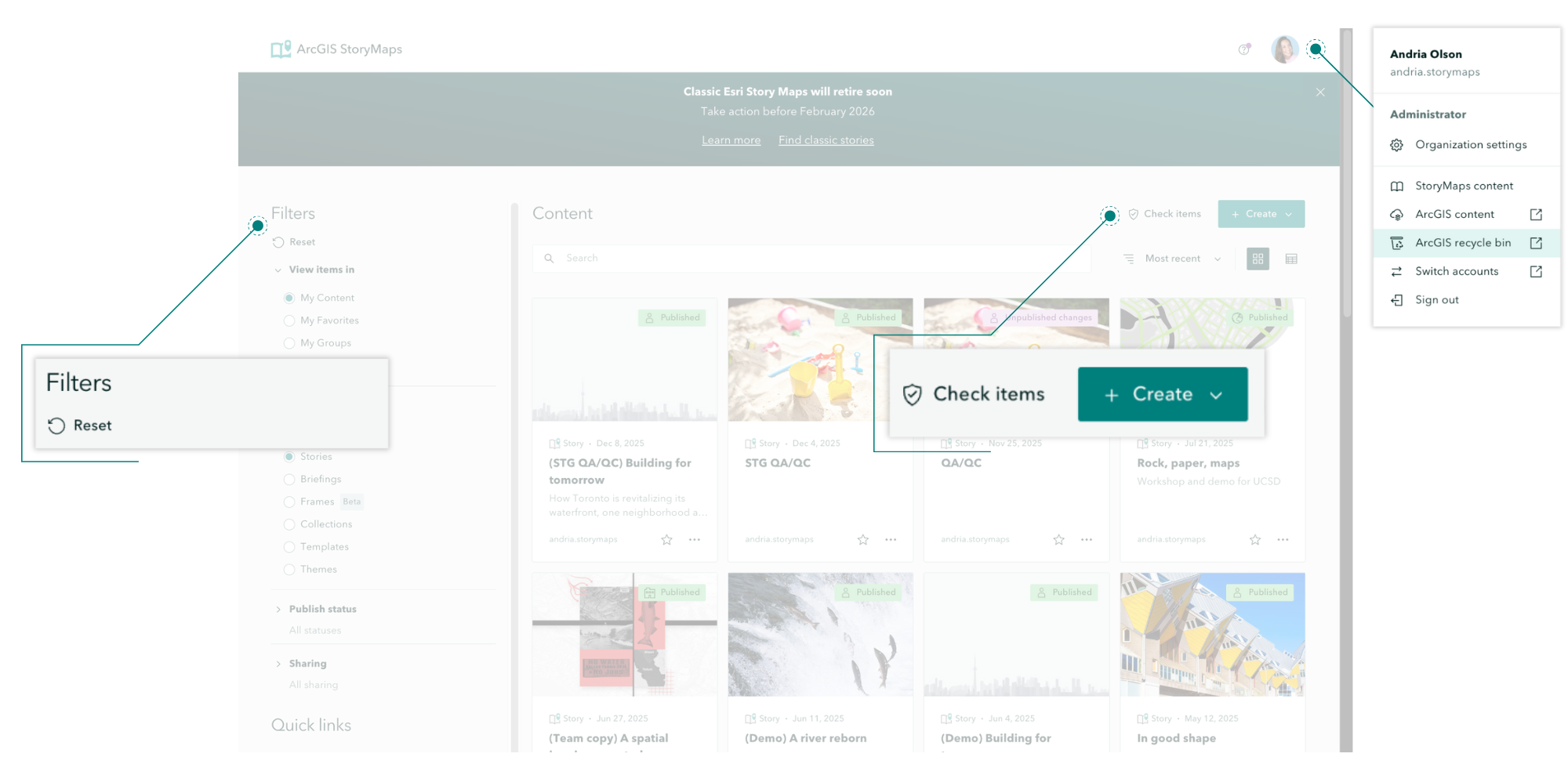 A screenshot of the StoryMaps content page showing the location of new buttons or relocated buttons.