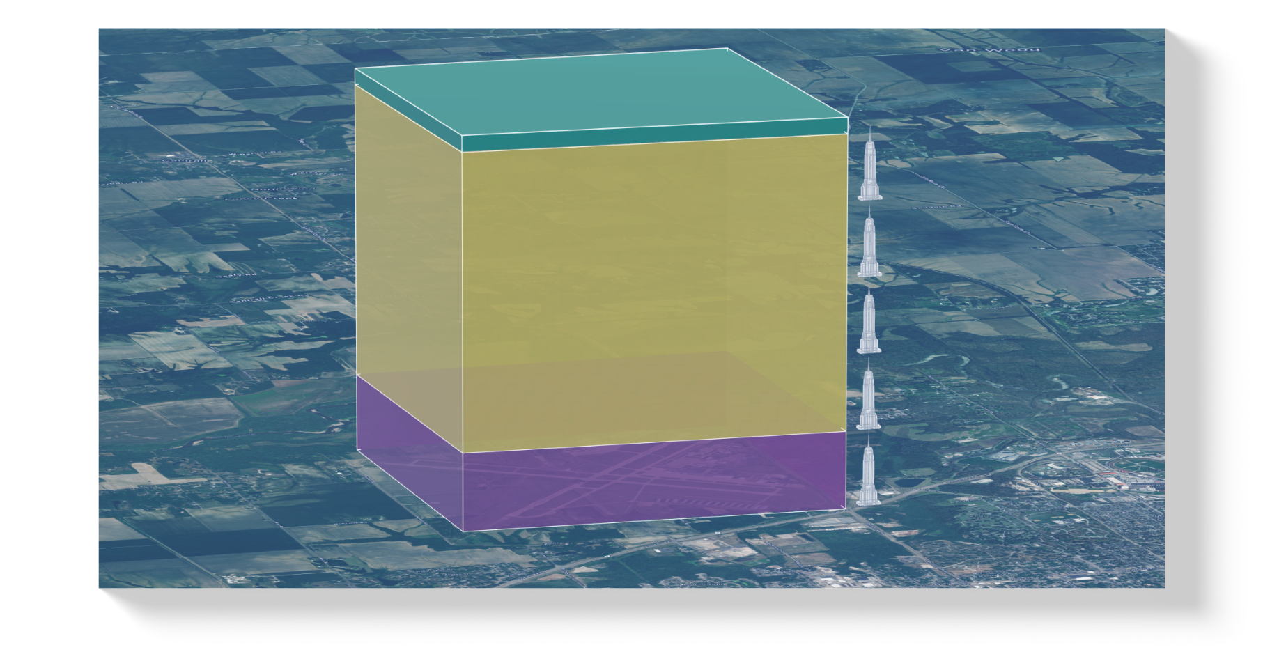 A large, semi-transparent cube divided into purple, yellow, and teal sections floats above an aerial imagery landscape of fields and urban areas. To the right, five vertically buildings provide a visual scale comparison.