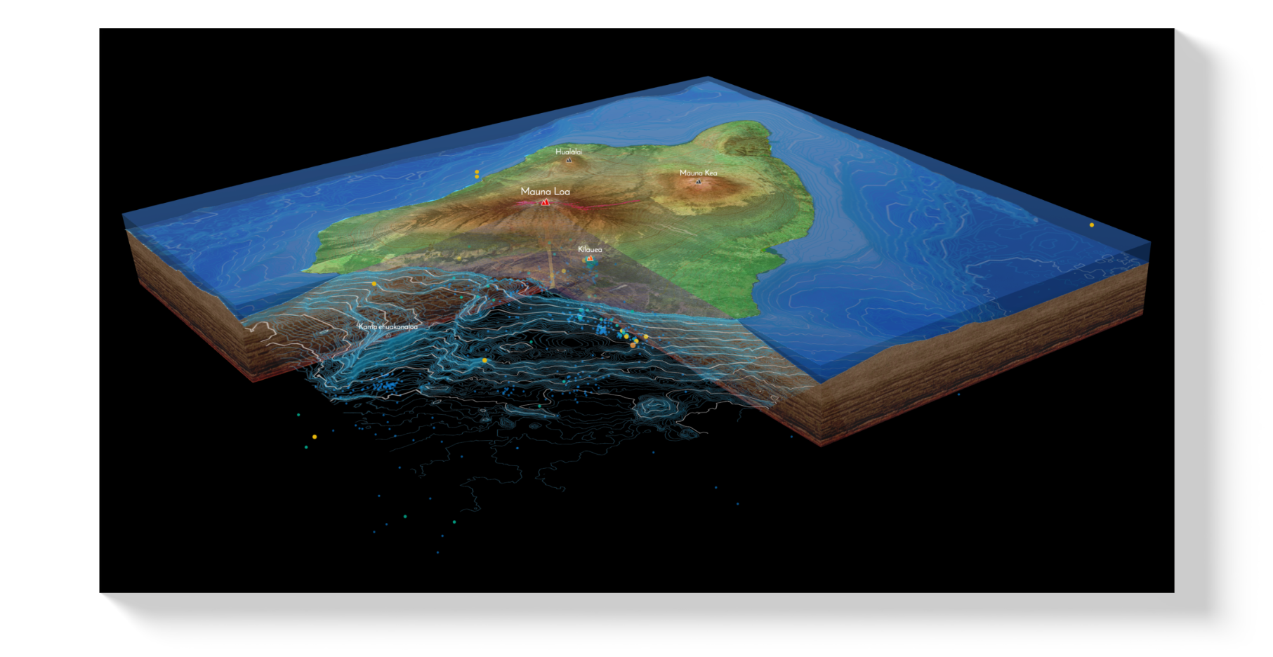 3D cutaway of Mauna Loa showing surface terrain, contour lines, and subsurface geological features. A seismic activity points are highlighted beneath the volcano, illustrating depth and location relative to the surrounding topography.