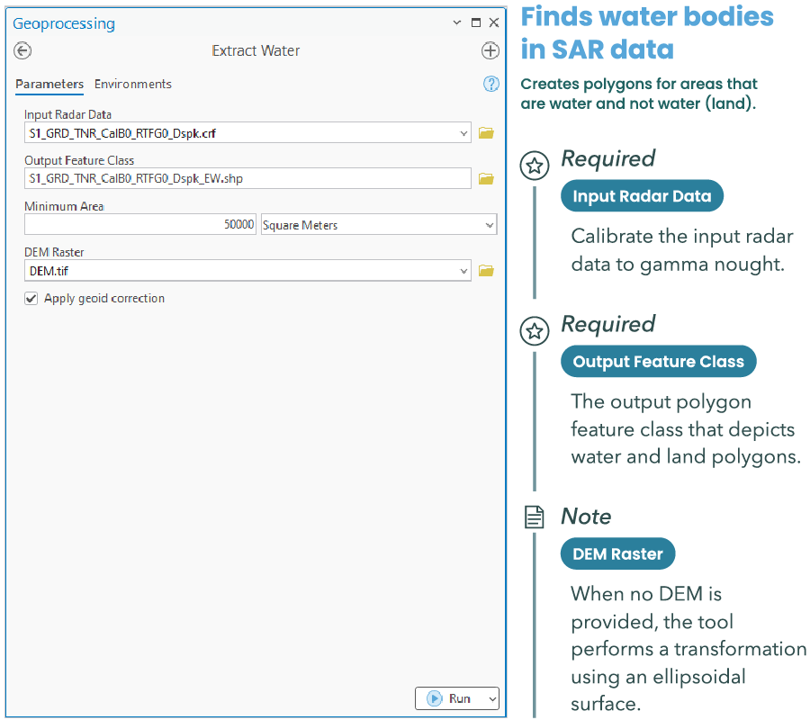 Image of Extract Water tool and input parameters in ArcGIS Pro