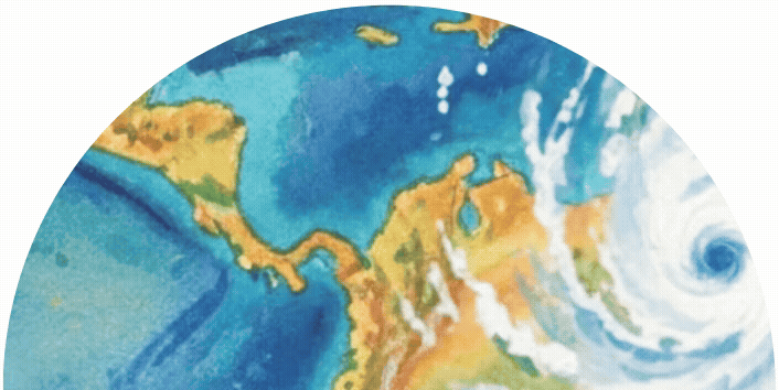 A watercolor style illustration painted and animated by Elizabeth Ashley Menezes of Earth showing the Caribbean and northern South America, with a large swirling hurricane forming over the Atlantic Ocean.