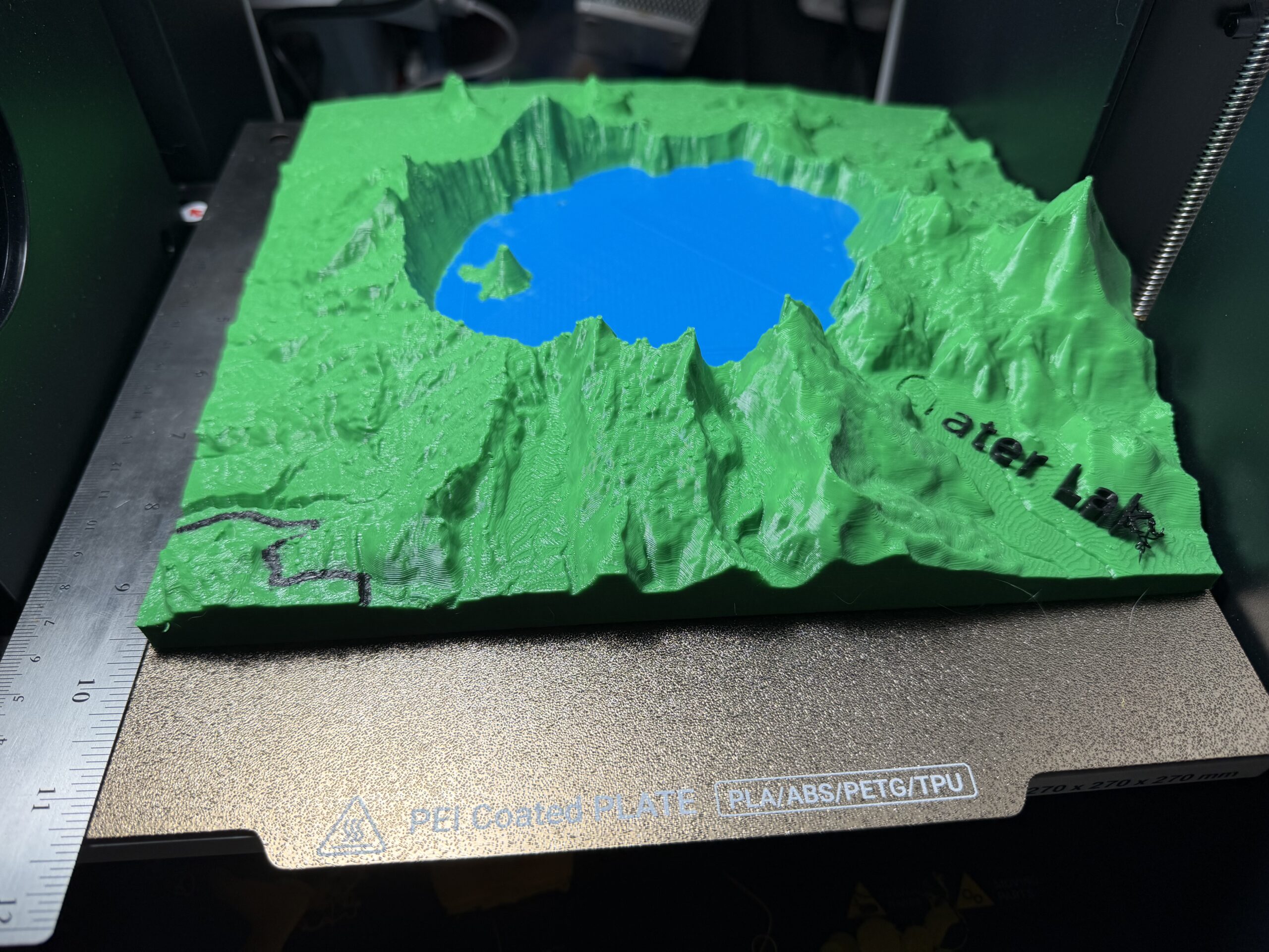 3D Print of Crater Lake in green and blue PETG 5x exaggeration