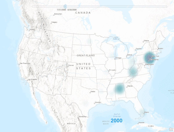 An animated gif showing property damage density in the U.S. counties from flood events between 2000 and 2020.