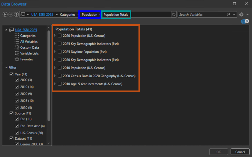 Data browser in Business Analyst Pro showing Population as the variable category, Population Totals as the data collection, and the variable subcategory groups that fall under Population Totals.