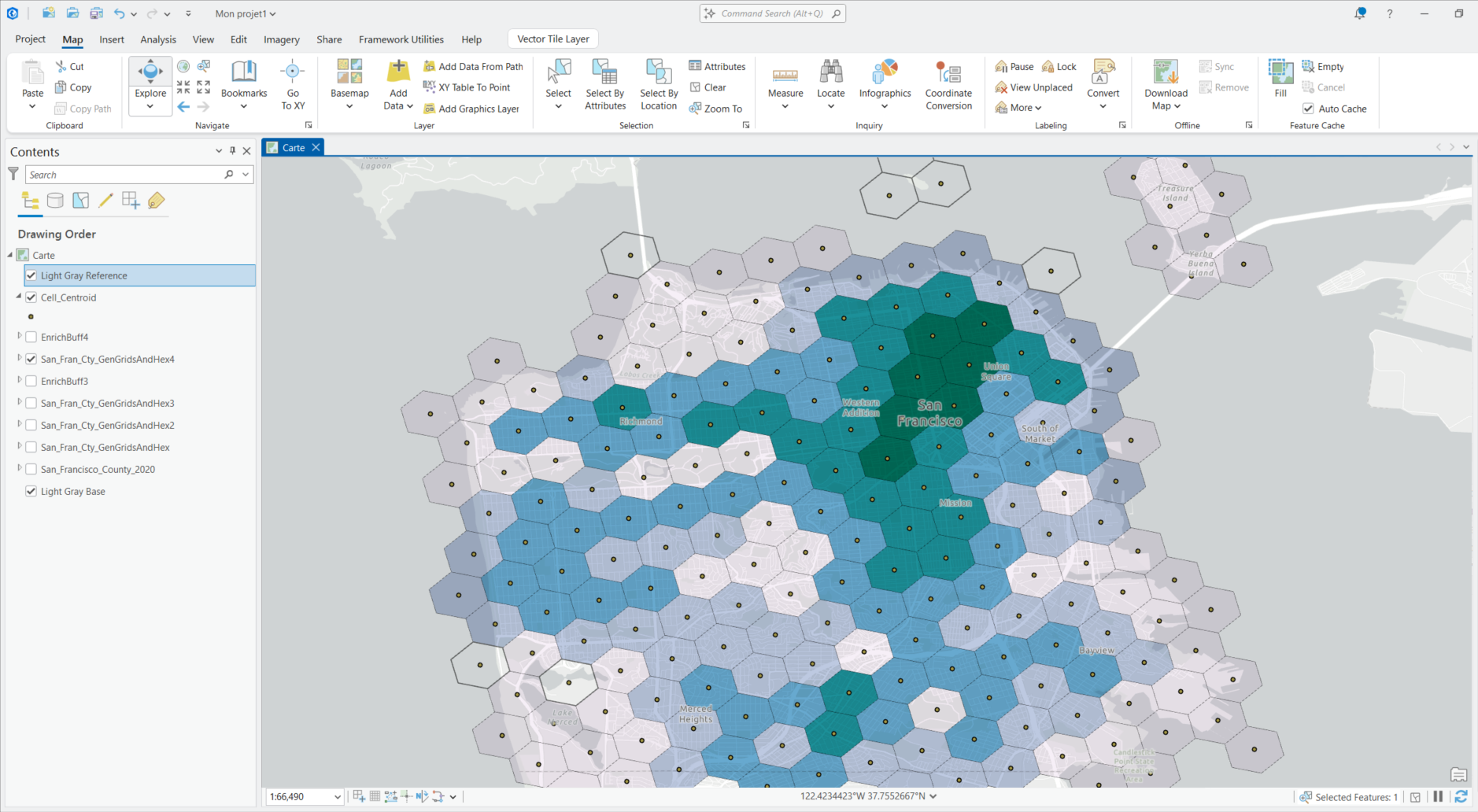 Color-coded hexagons built with local data in Business Analyst Pro