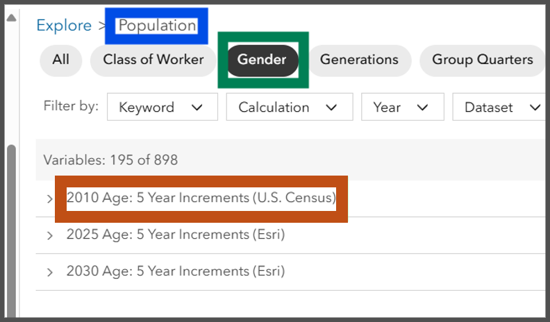 A zoomed in view of the data browser in Business Analyst Web showing Population, Gender, and 2010 Age: 5 Year Increments (U.S Census) highlighted to align with the diagram. Population is the variable category, Gender is the data collection, and 2010 Age: 5 Year Increments (U.S. Census) is the variable subcategory.