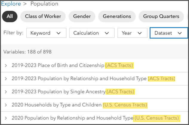 Population category in Business Analyst Web's data browser showing the ACS Tract level data variable subcategories.