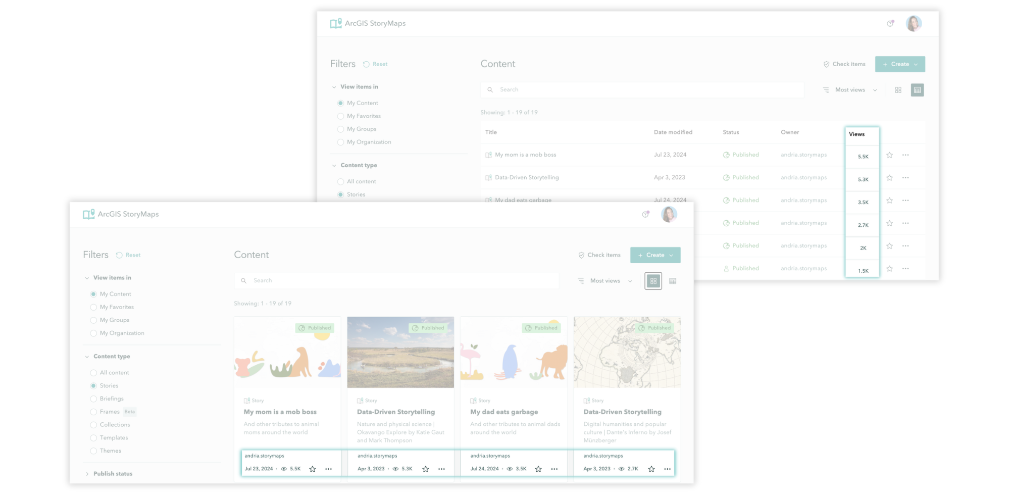 Screenshots of the StoryMaps content page showing the new view count feature in grid and table views.