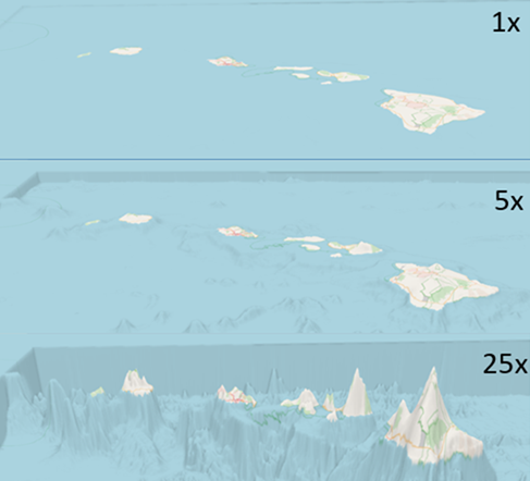 Shows Hawaii and surrounding water with 1, 5, 25 times exaggeration