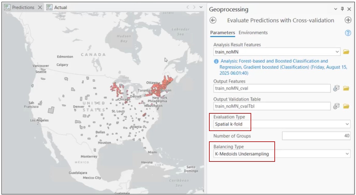 a map showing a balanced dataset and the Evaluate Predictions with Cross Validation tool