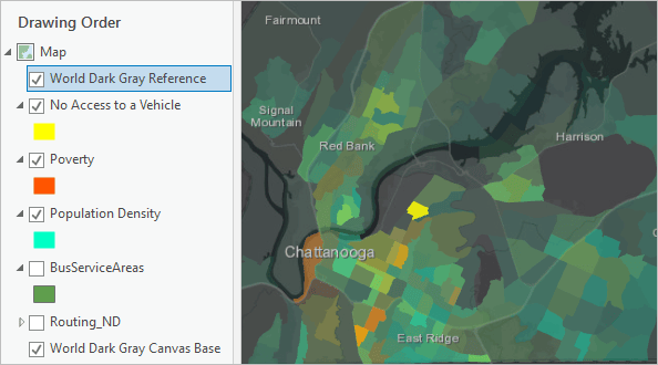 Contents pane and map with transparent layers