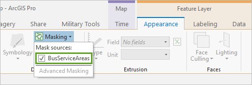 Bus Service Areas checked in the Masking menu on the ribbon