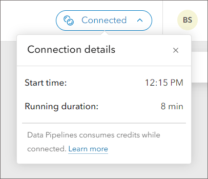 Connection details dialog in the Data Pipelines editor