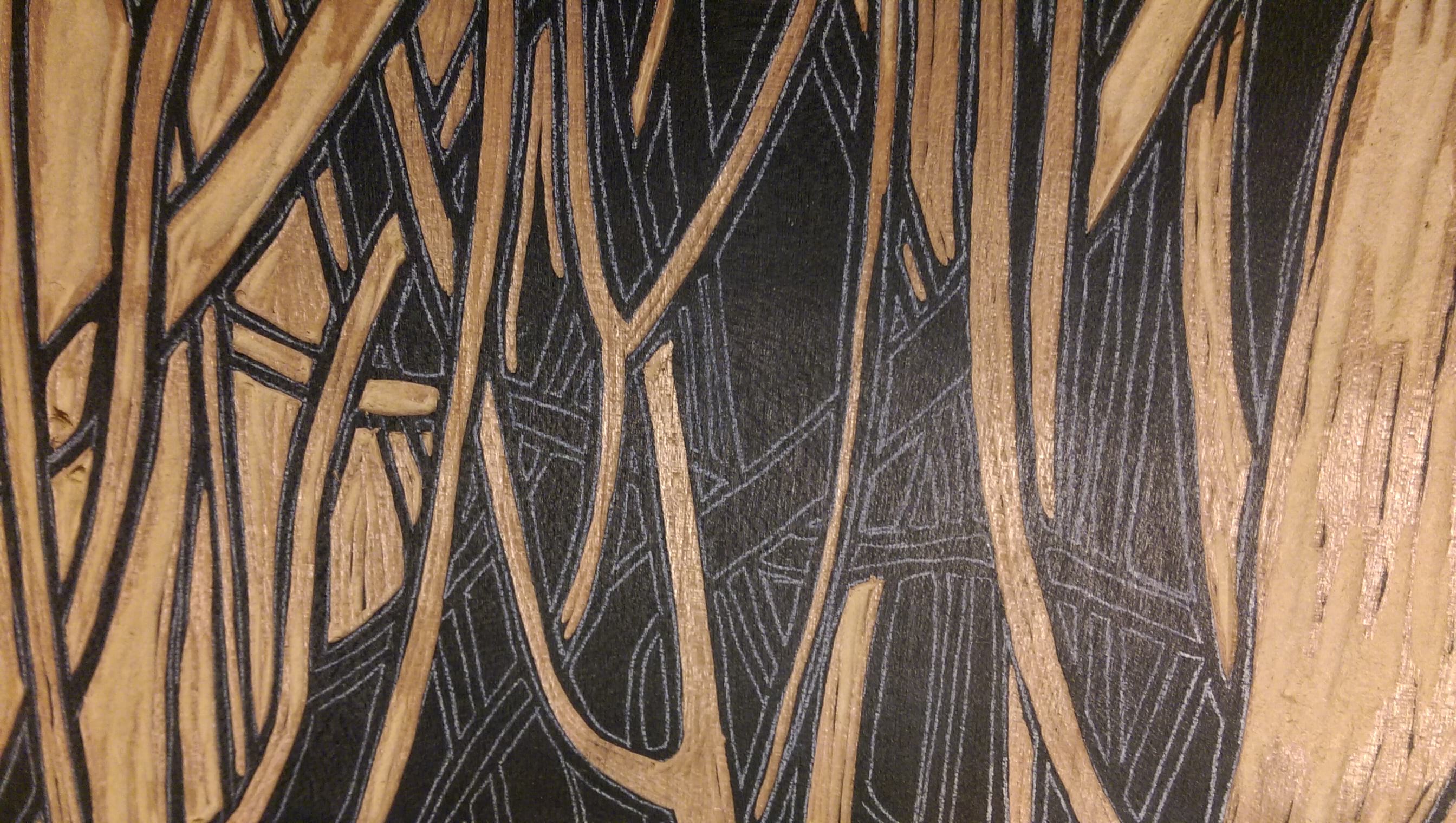 A woodcut in progress, showing white traced lines. A woodcut in progress, showing white traced lines.