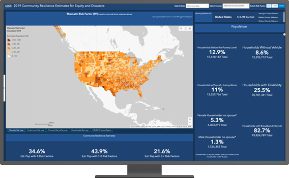 A desktop monitor displaying a United States census dashboard made with ArcGIS and data about community resilience and equity