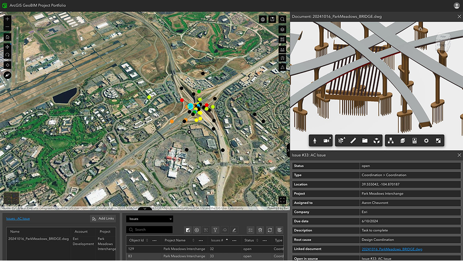 A map dashboard with an aerial view of a city area, a diagram, and several lists of data