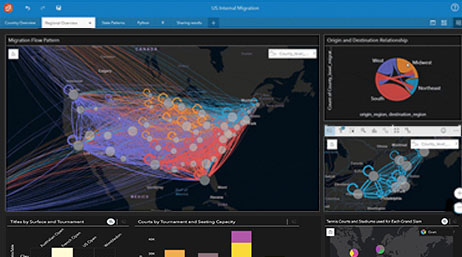 Un dashboard di mappe colorate su uno sfondo nero con due mappe e diversi grafici