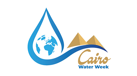 A logo for Cairo Water Week that includes a design of globe enclosed in a water droplet next to pyramids