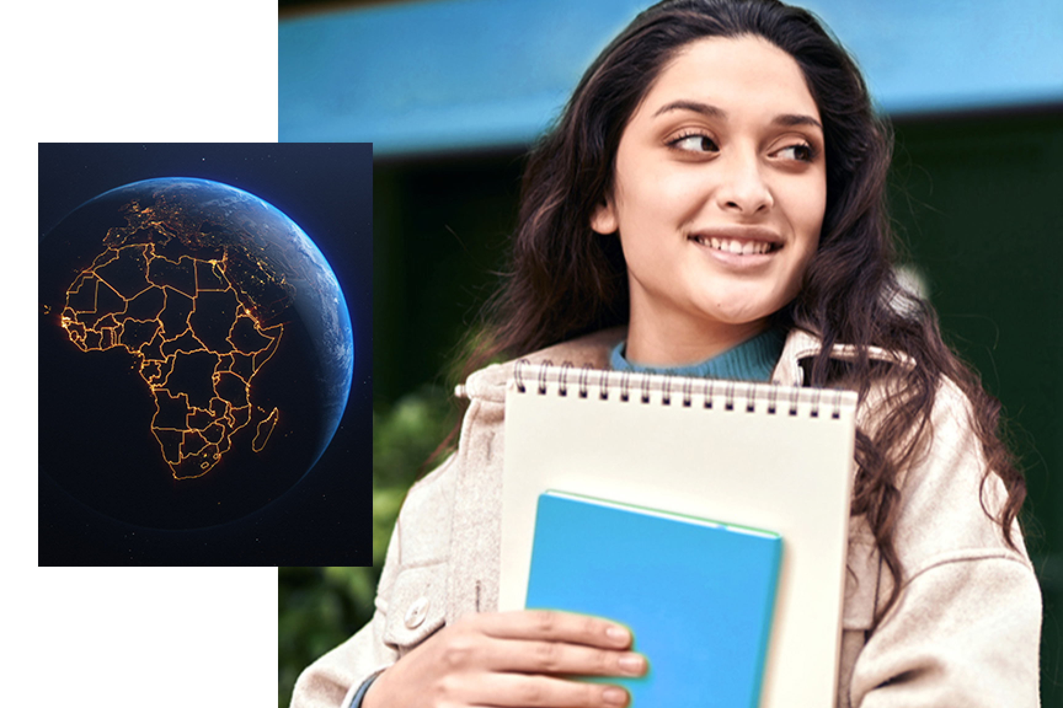 Student smiling and holding pads of paper, alongside a map of Africa and the Middle East