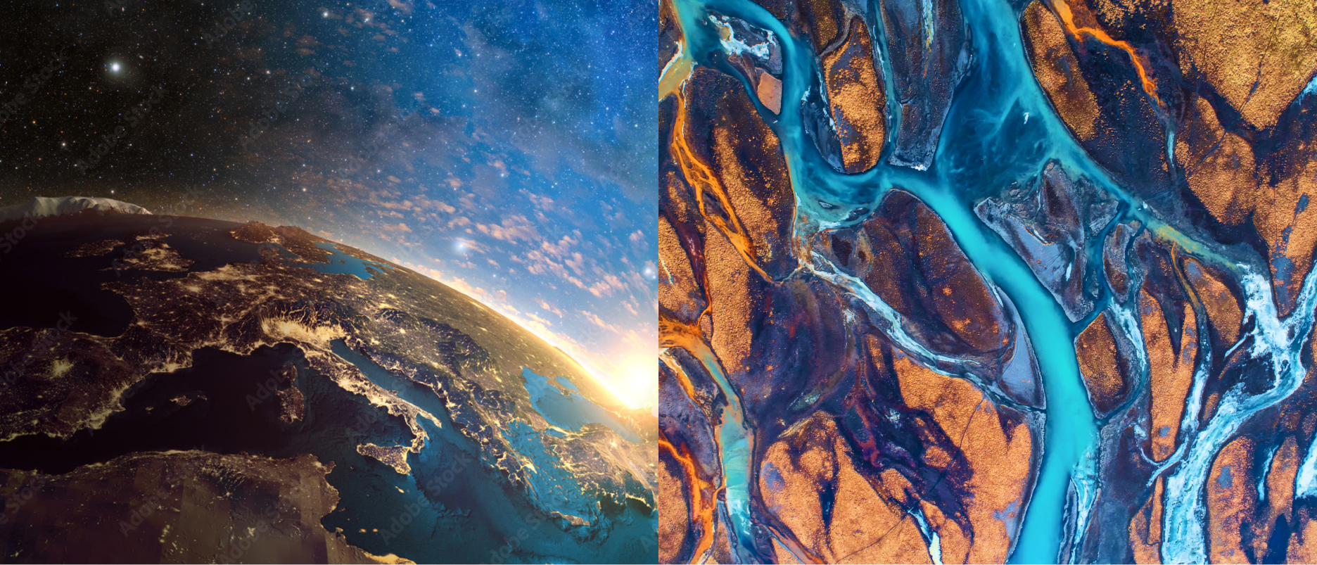A collage with one image showing part of the Earth seen from outer space and another aerial image of rust-colored land bisected by many blue waterways