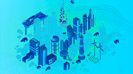 A blue and green graphic of a stylized city with skyscrapers, wind turbines, solar panels and freeway segments