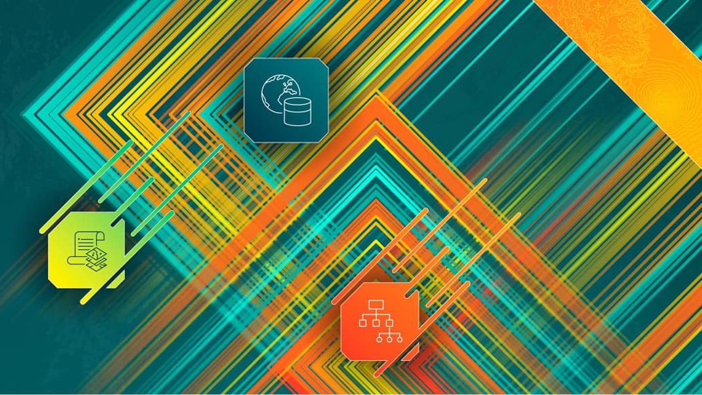 Grafica geometrica astratta in giallo, arancione e verde acqua sottoposta a icone che rappresentano dati, archiviazione cloud e organizzazione