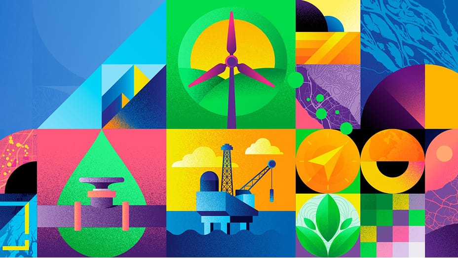 Grafico con tile che raffigurano un mulino a vento, una piattaforma petrolifera e un tubo, intervallati da forme astratte colorate